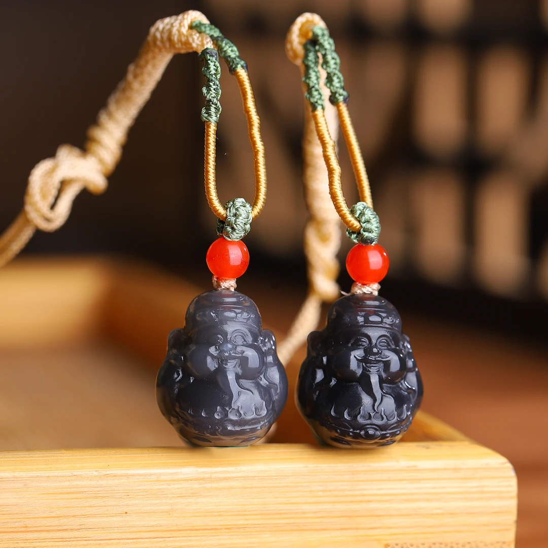 和田玉烟紫财神爷挂件 约卡18×15×11mm（拍一发一多样性发货）