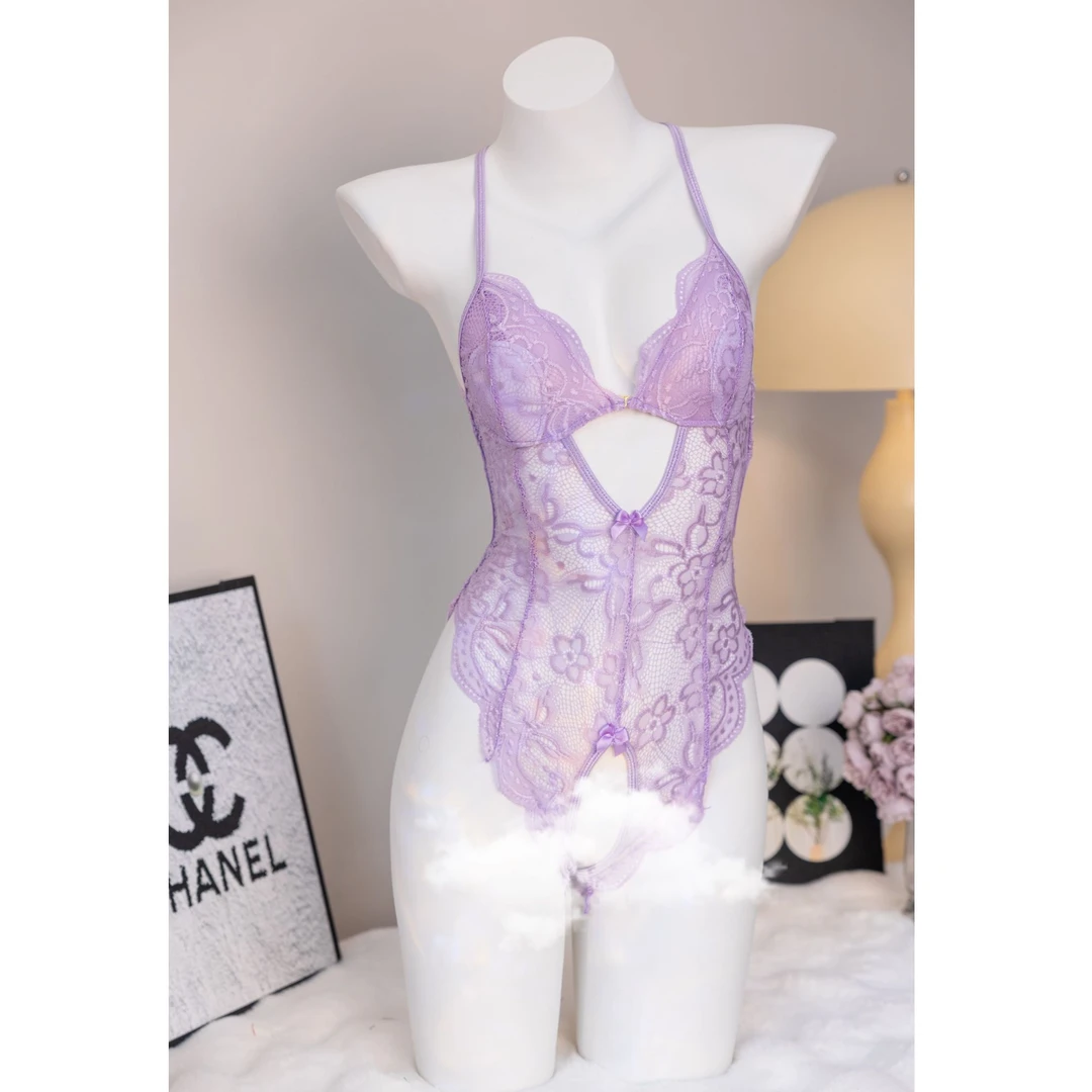 弋云蕾丝挂脖吊带紫色连体气质睡衣网红夏季性感露背显瘦时尚修身