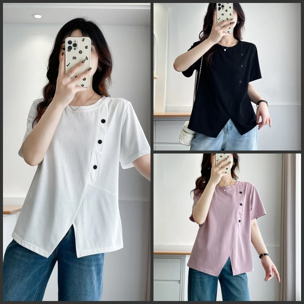 梦冬佳--110-200斤大码女装夏季遮肚子显瘦纽扣装饰开叉短袖T恤