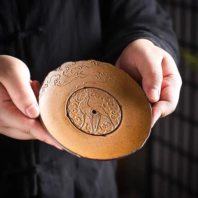 粗陶酱釉老岩泥祥鹿蓄水壶承复古国风干泡茶台杯托茶托壶承垫