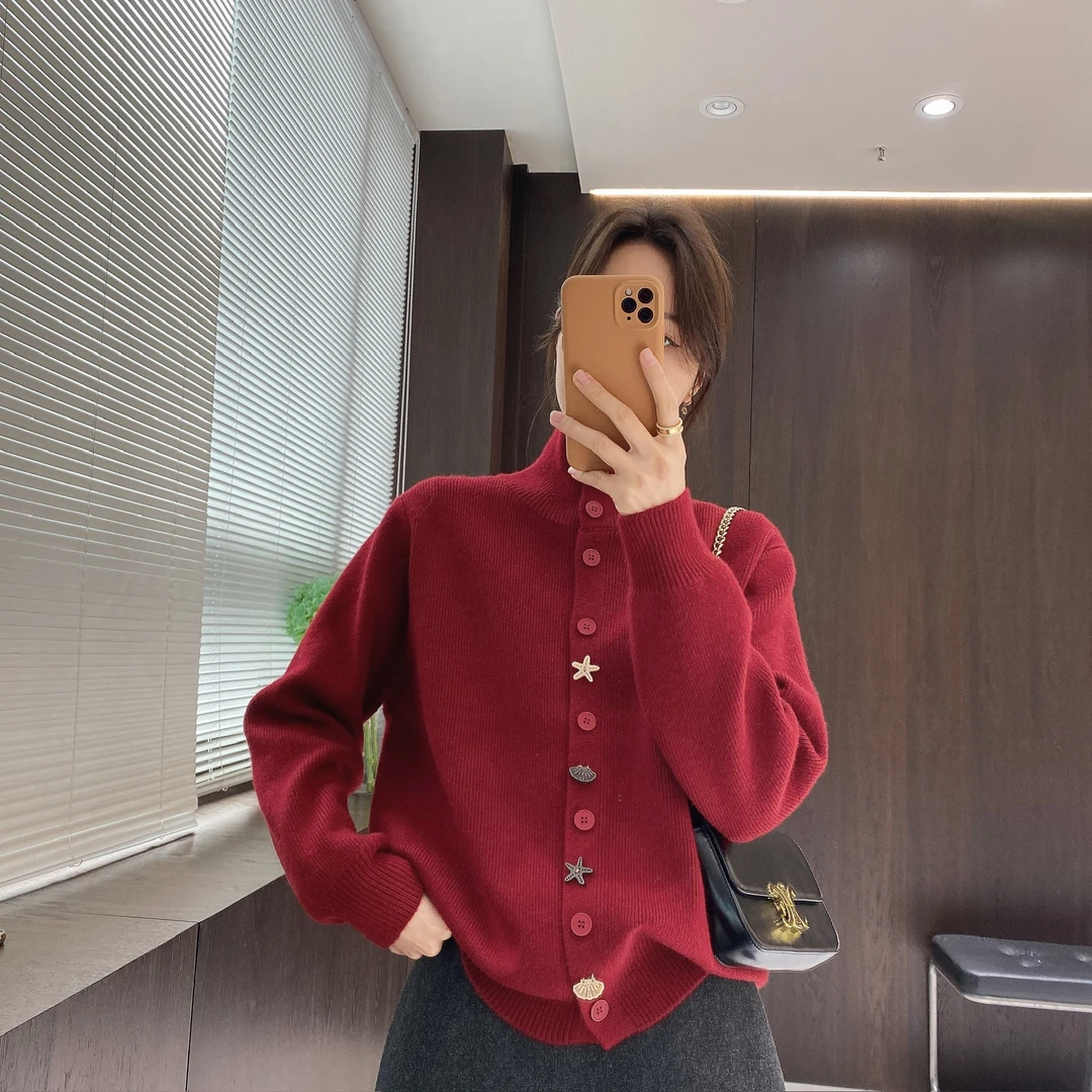 IMFLY金小金自制女装 针织开衫DYW10215秋冬立领海星扣针织上衣