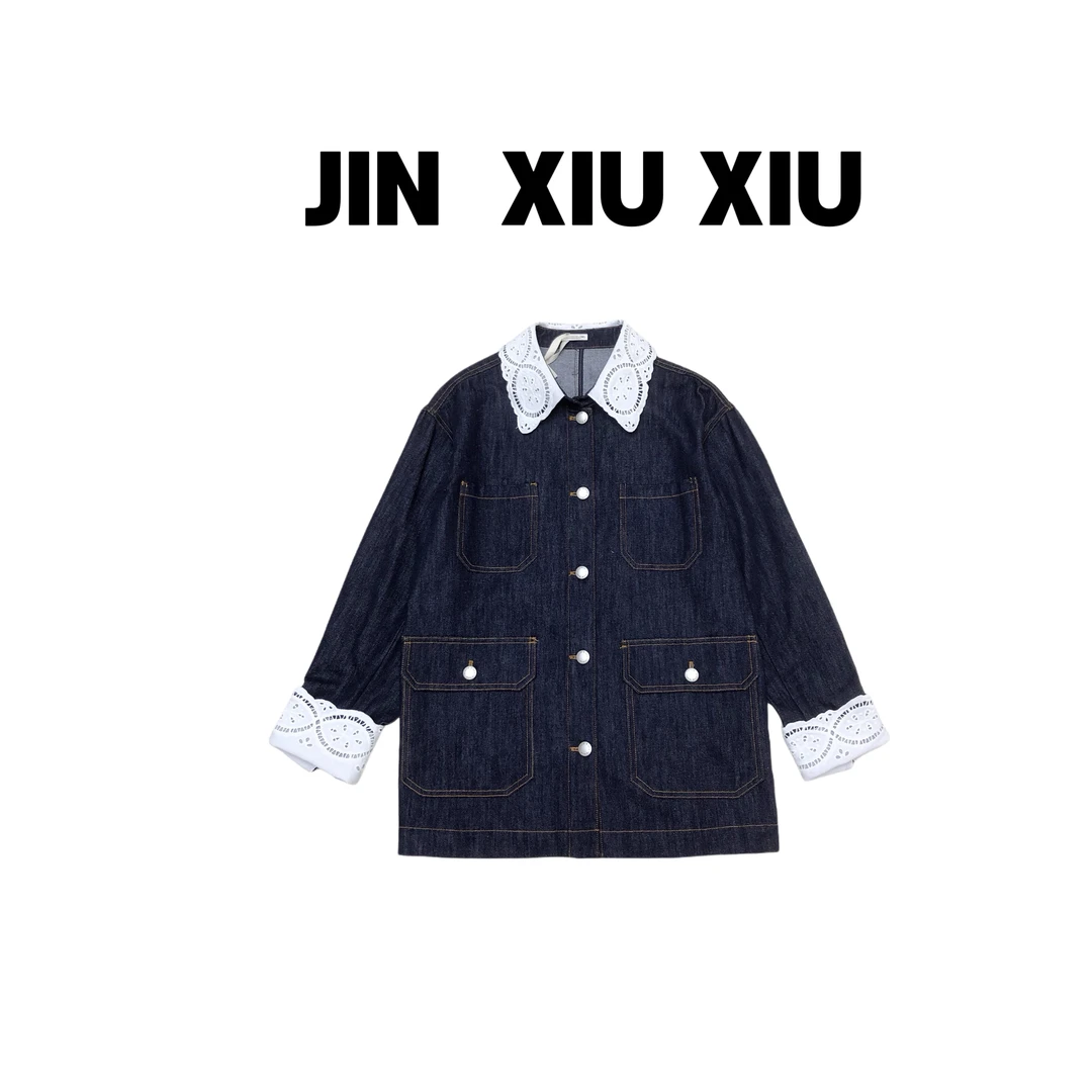 JINXIUXIU春季新款镂空拼接多口袋韩系甜美牛仔外套005