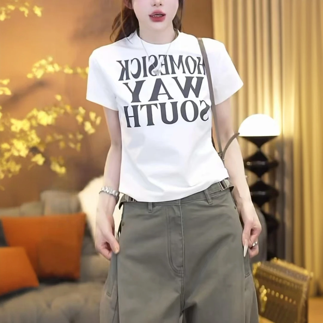 胶片日记字母印花短袖T恤女2025夏季新款圆领休闲百搭显瘦上衣ins