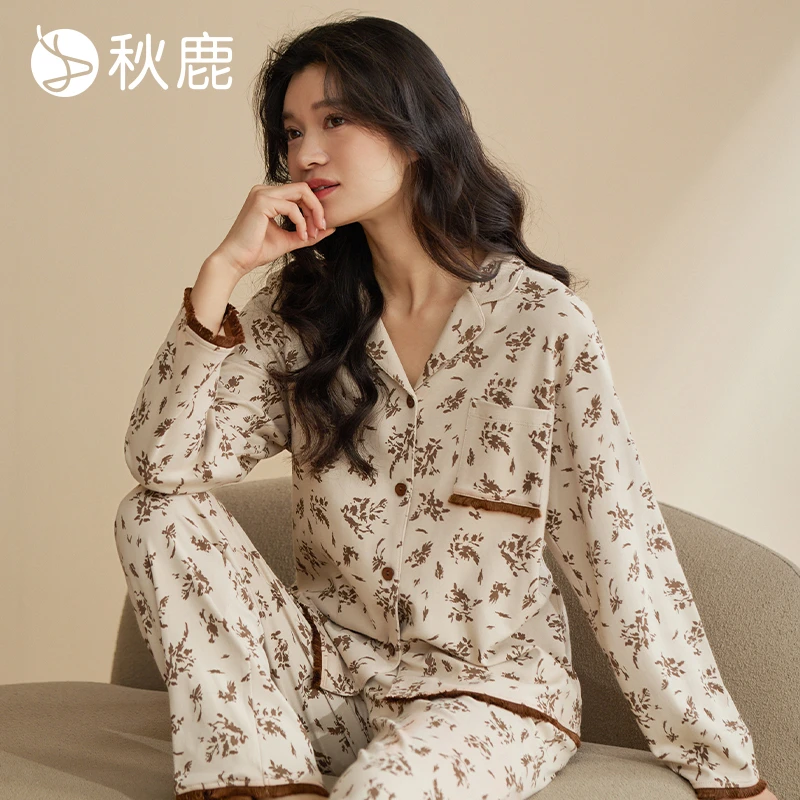 秋鹿【超柔软】睡衣女秋法式碎花开衫长袖家居服套装春夏季女士
