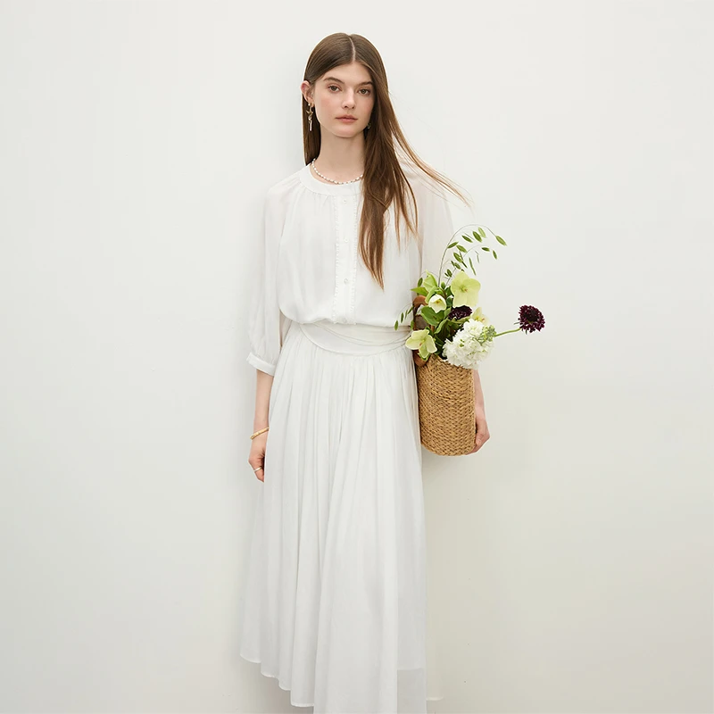 范思蓝恩白色通勤衬衫夏2025新款七分袖衬衣裙子25FS12262/12521