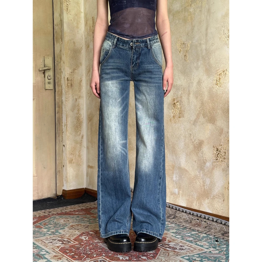 复古阔腿牛仔裤子女高腰直筒宽松拖地长裤捌呐F0422