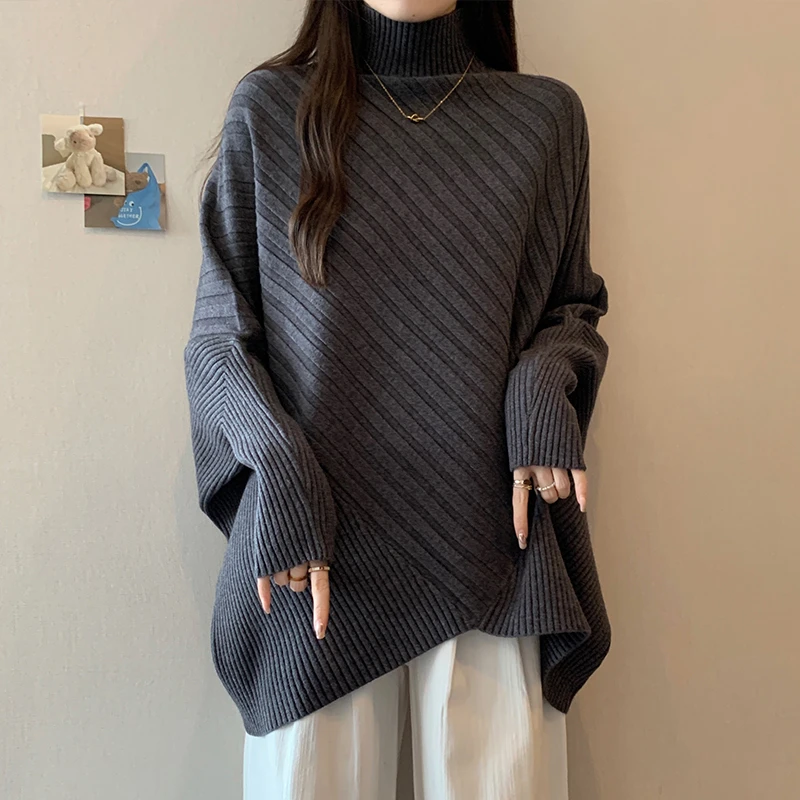 大码女装冬装新款胖mm气质半高领拼接斗篷蝙蝠袖加厚针织毛衣上衣