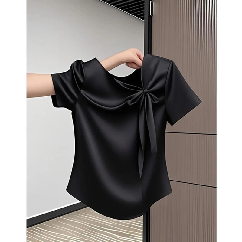 设计感蝴蝶结纯色收腰显瘦短款T恤女夏季小众百搭高级感法式小衫