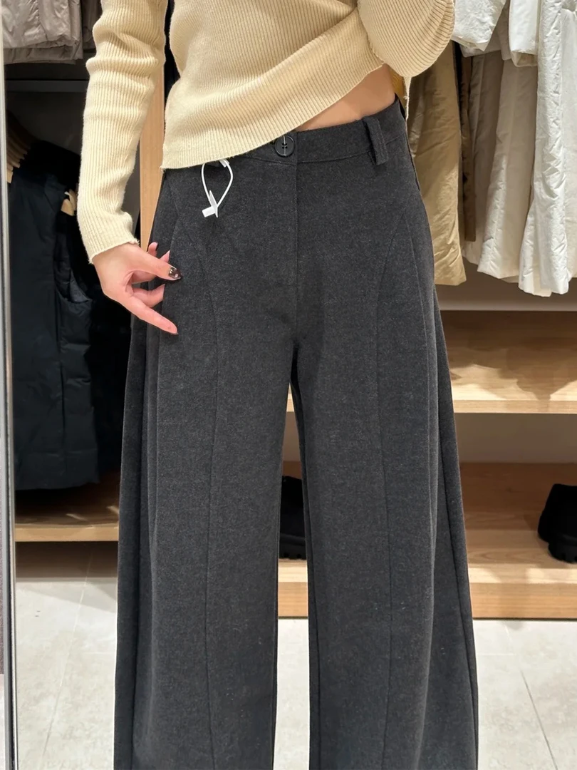 深灰色加绒弯刀裤女加厚大码胖mm慵懒垂坠感毛呢阔腿裤梨形报恩裤