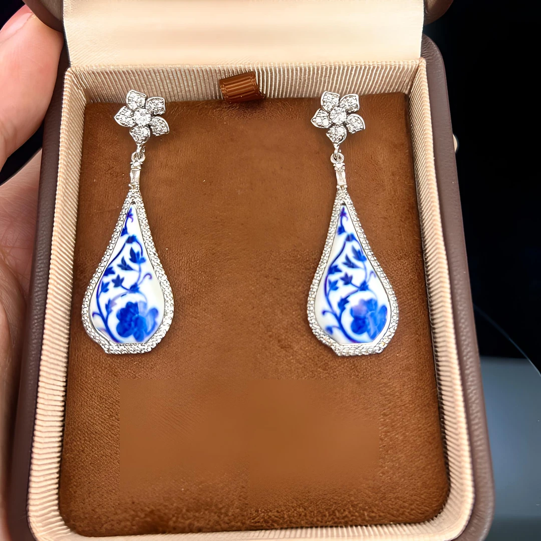 铜合金锆石耳饰 复古设计师烧蓝国风气质花瓶耳饰