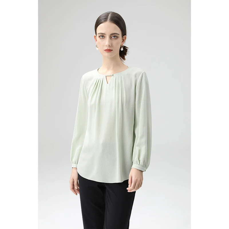 【鬼绉真丝】清水绿圆领桑蚕丝衬衫2025春季新款气质设计长袖上衣女