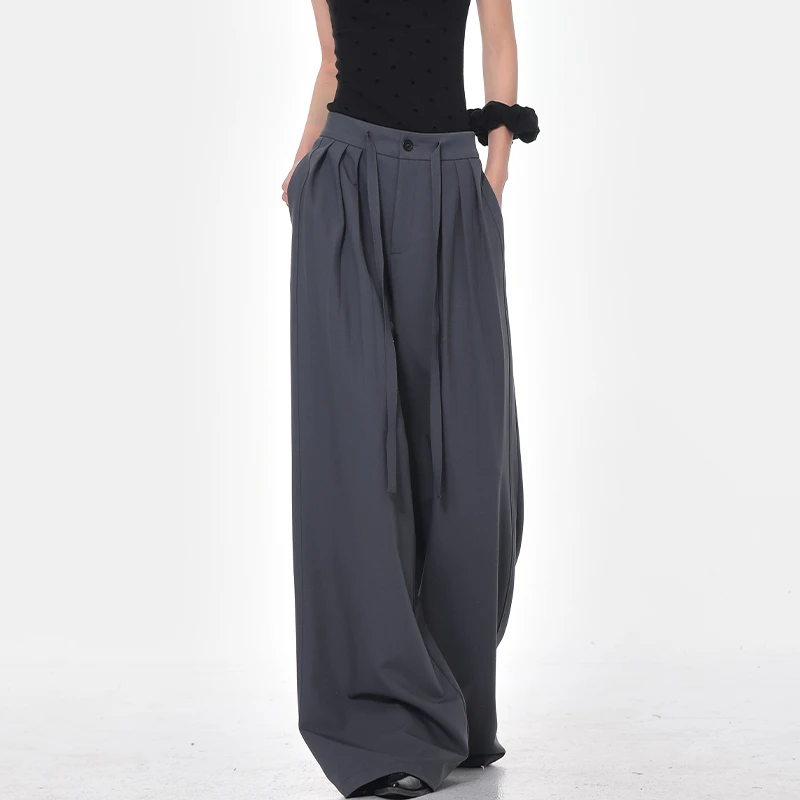 KEN STUDIO夏季新款灰色阔腿西装裤女系带收腰百搭直筒休闲裤西裤