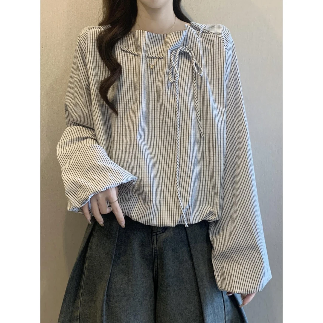 设计感系带长袖条纹衬衫女春秋2025大码胖mm显瘦遮肚短款打底上衣