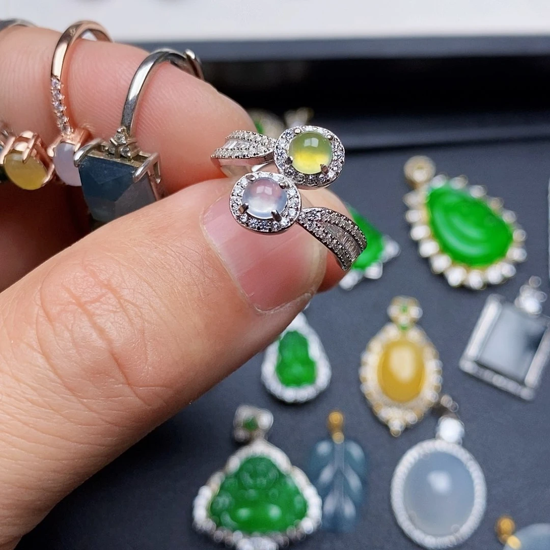 翡翠戒指银S925镶嵌沙****米戒指