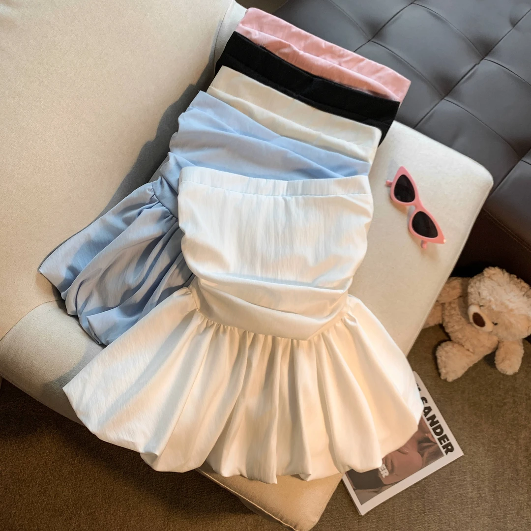 实拍甜辣性感纯色褶皱收腰花苞抹胸上衣设计感拼接裙摆打洋气时尚