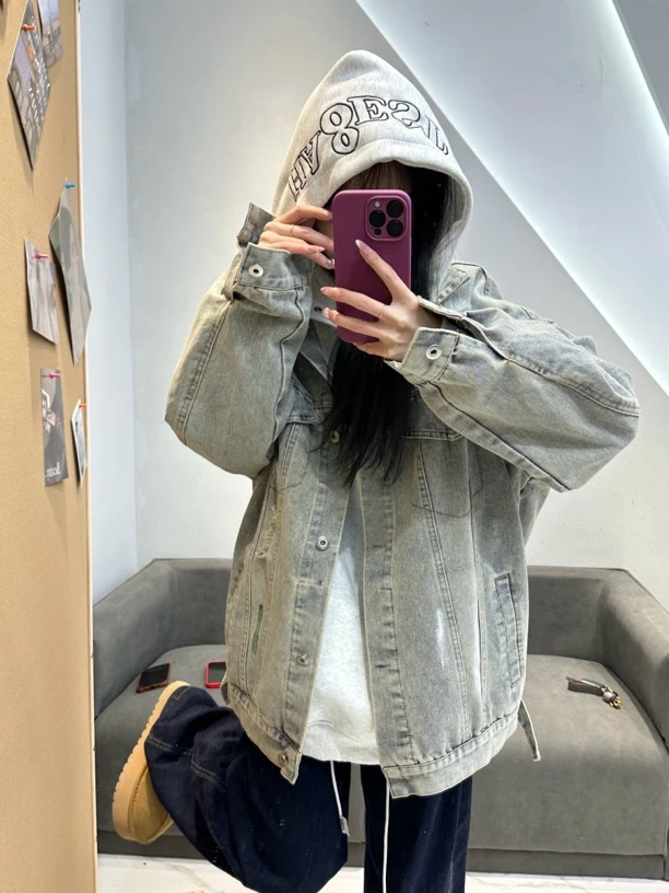 扎染破洞牛仔外套女宽松bf风潮流学院风夹克