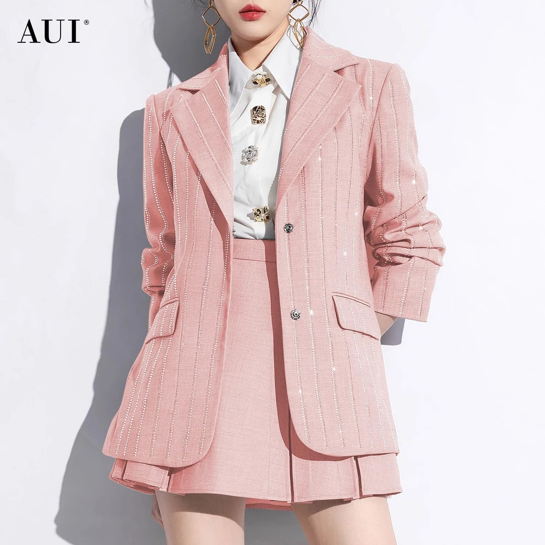 AUI条纹职业西装套装高端气质百褶裙两件套LGZ-24W043932