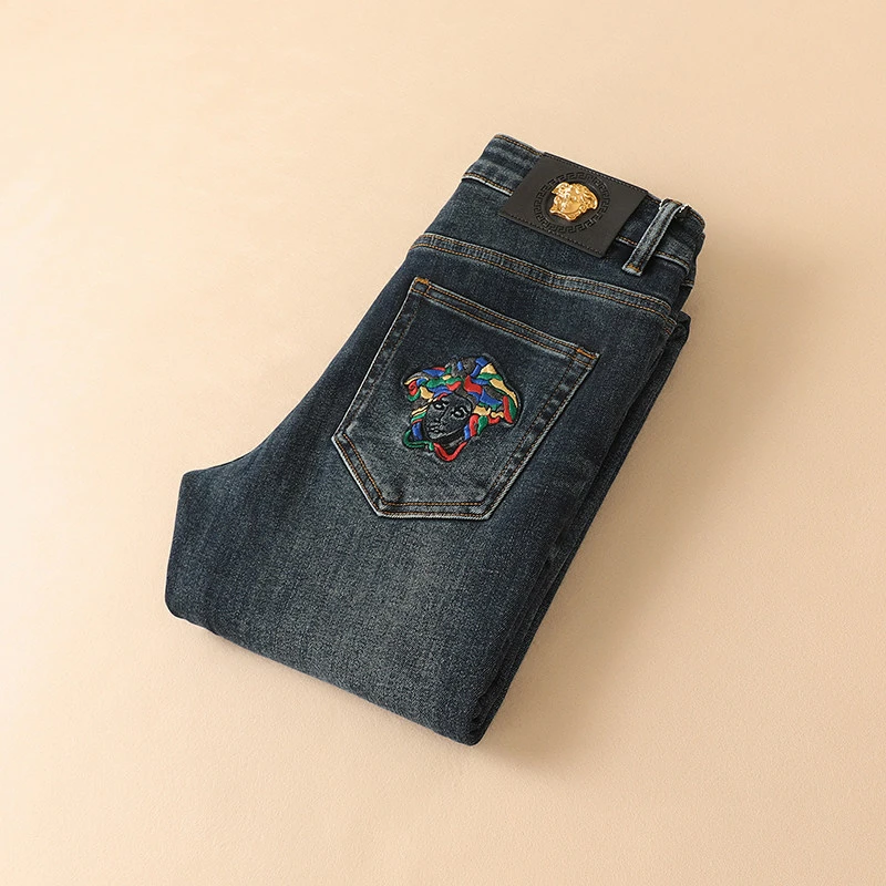 曼德西比利刺绣深蓝色牛仔裤修身男秋冬厚高品质小脚弹力休闲长裤
