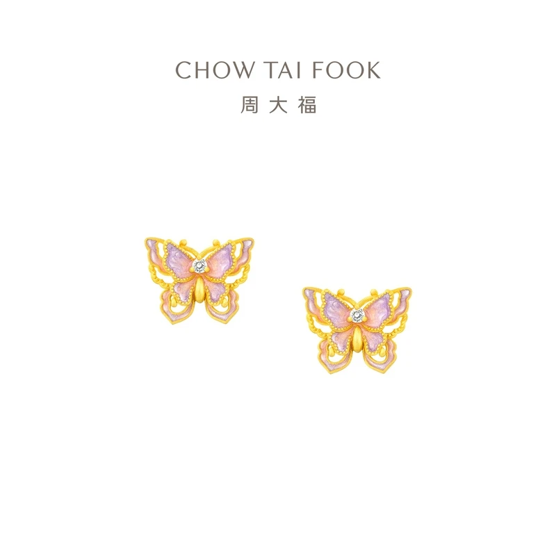 633【周大福】灵蝶紫色鎏彩蝴蝶足金黄金镶钻耳饰节日礼物@ERU125