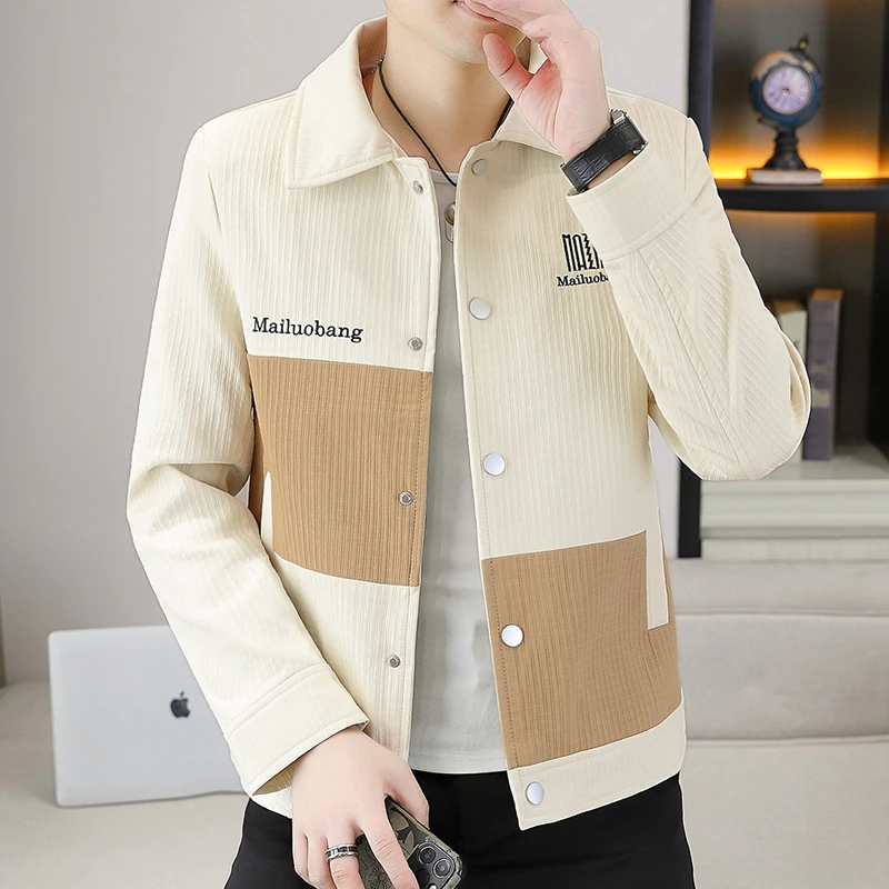 刺绣拼色男士夹克2025春秋季新款色块时尚潮流上衣男装翻领外套帅