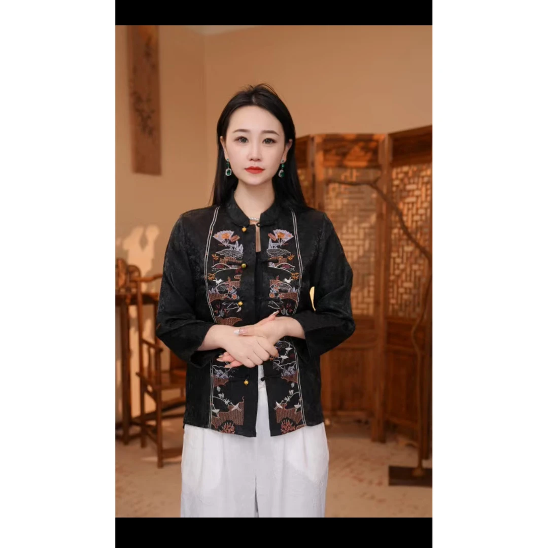 7501黑色气质国风刺绣提花衬衫