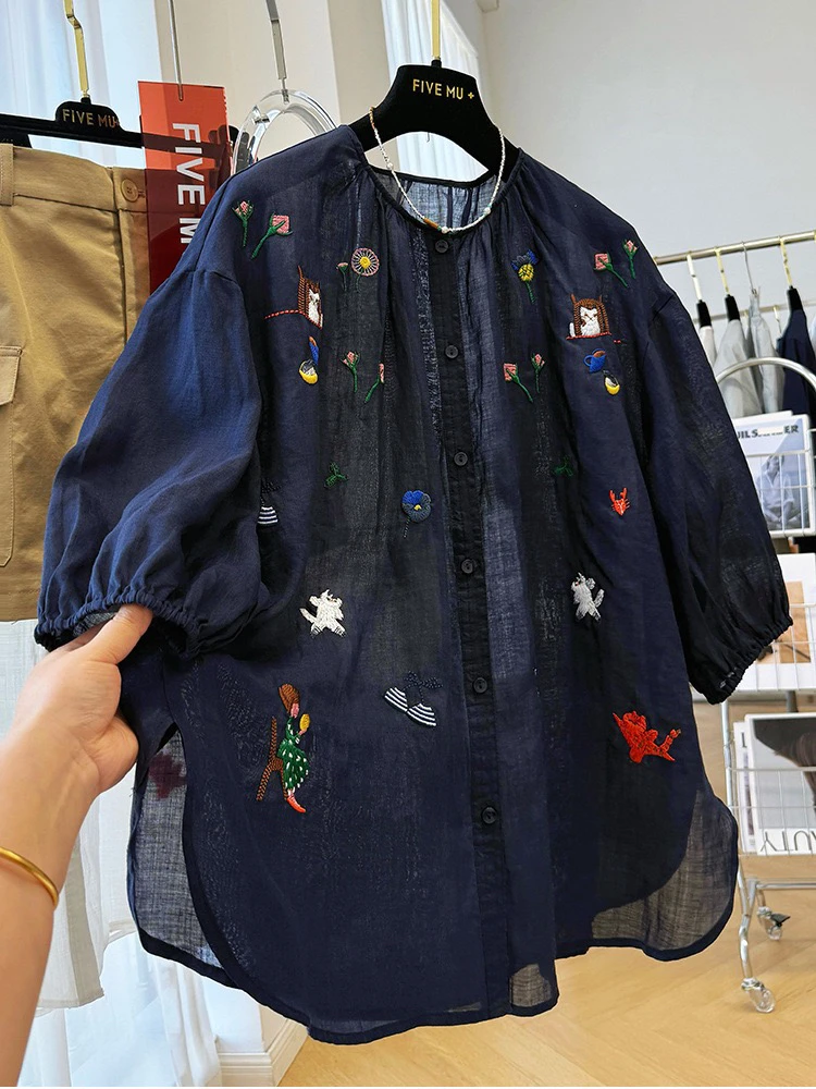 重工刺绣苎麻衬衫女夏季袖圆领高级感气质小衫上衣