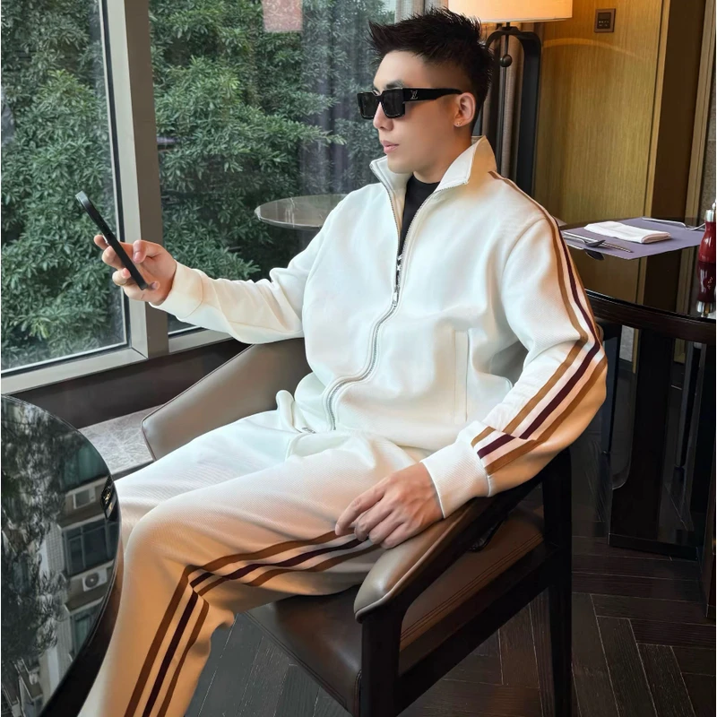 秋季新款老钱风侧条纹休闲运动套装男轻奢高档立领外套卫裤两件套