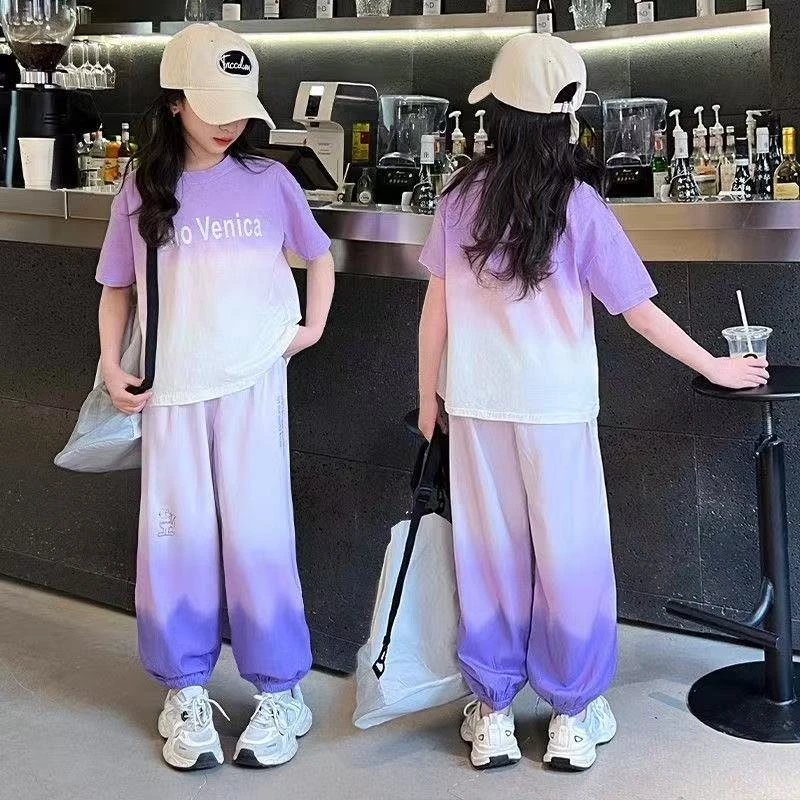 女童夏装套装渐变色新款短袖中大童女孩洋气网红时髦夏季两件套