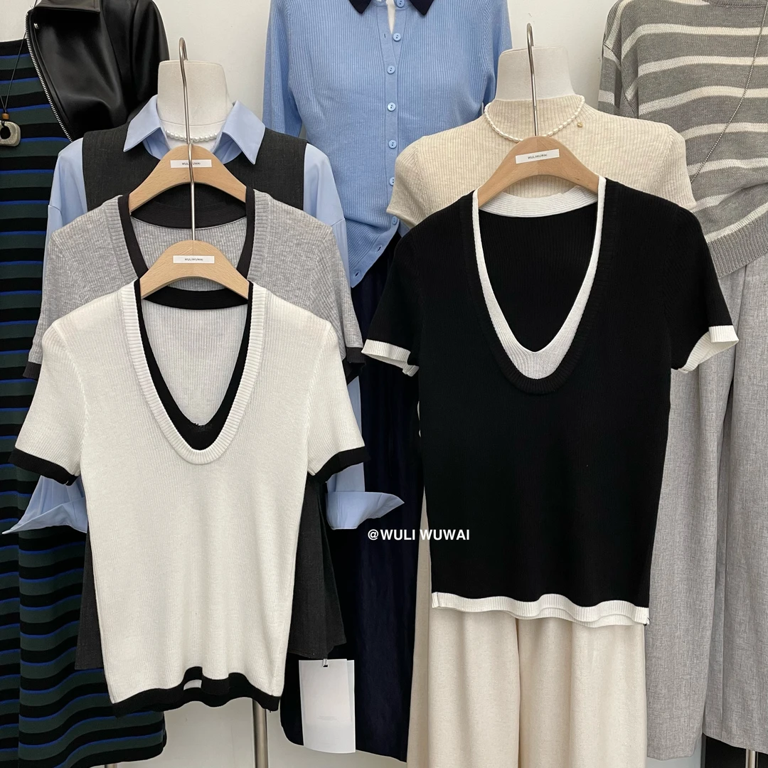 【NO退NO换】鑫燃KIKI 时尚小众领口撞色假两件T恤 85058 WU