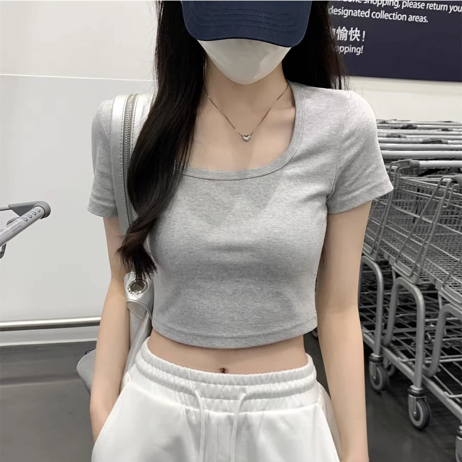 短款纯色短袖方领95%棉高腰女T恤修身露脐设计感打底衫正肩显瘦