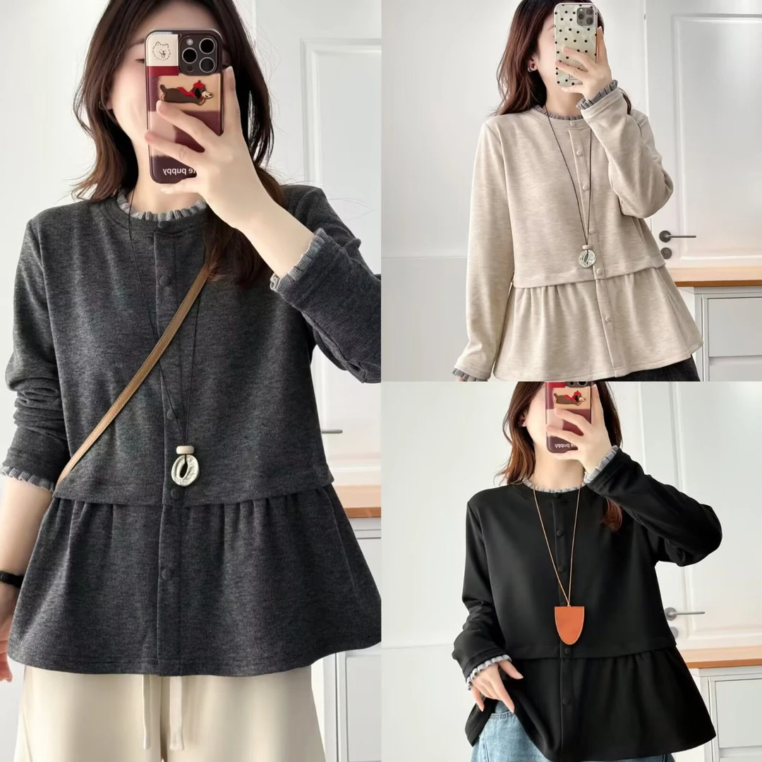 胖mm2025冬季花边褶皱长袖T恤宽松显瘦打底衫简约百搭上衣200