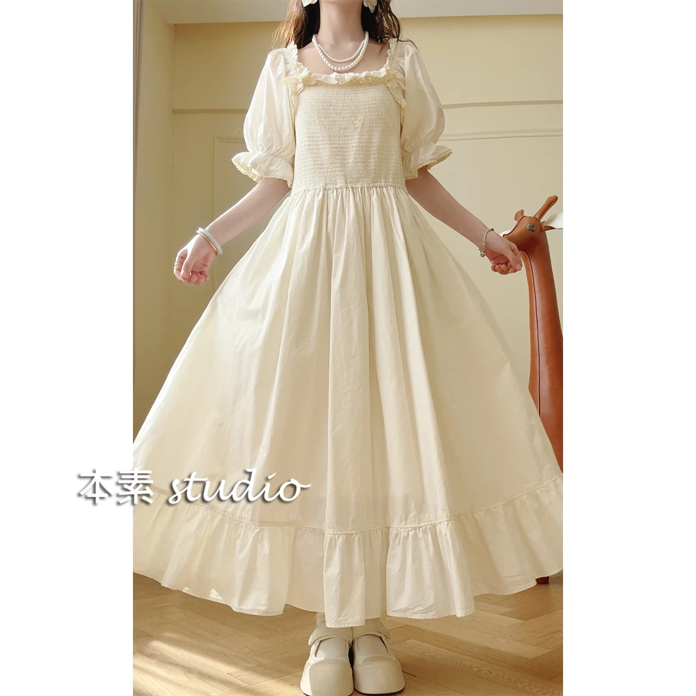 奶油泡芙C4052蝴蝶结蕾丝边胸口弹力方领短袖连衣裙