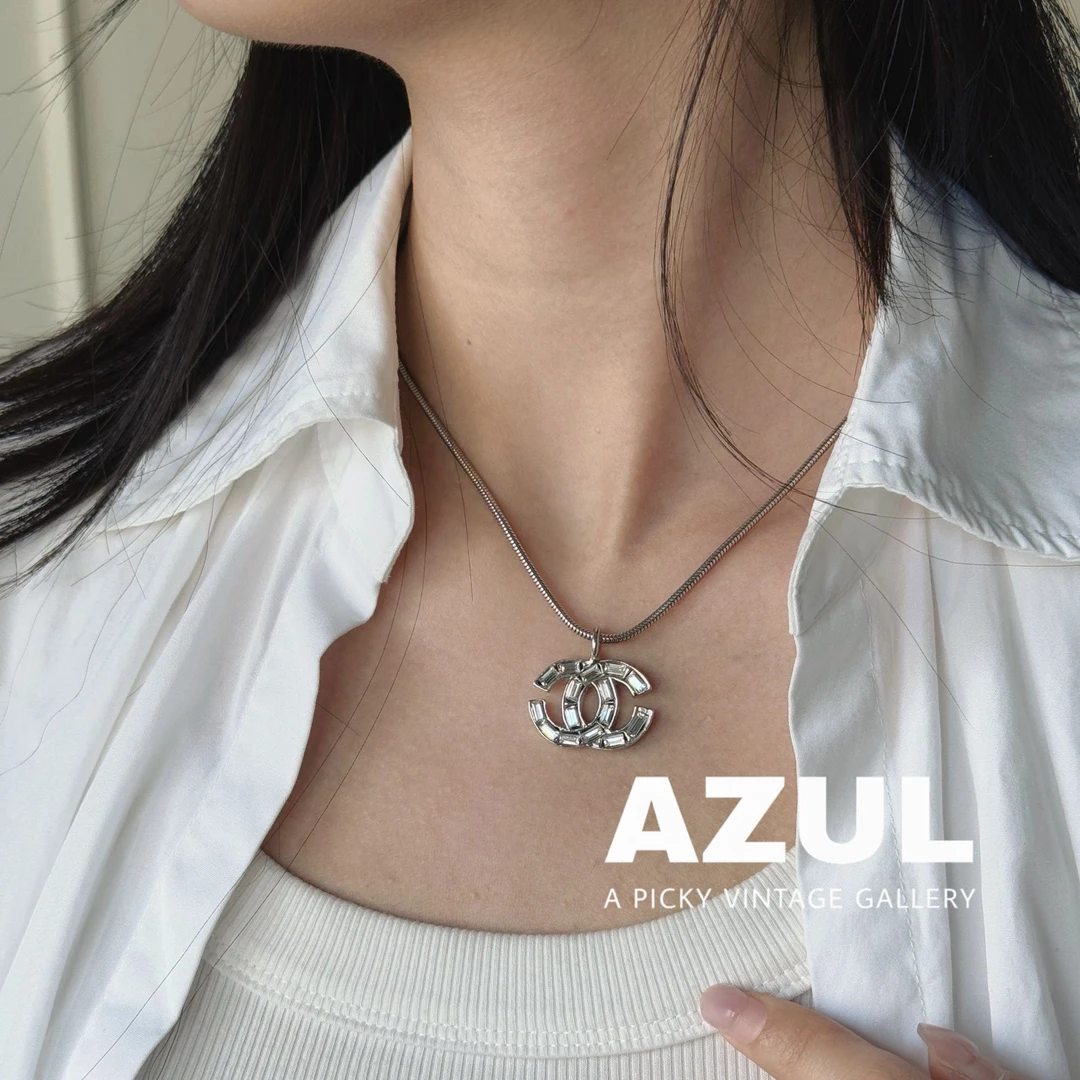 95新 Chanel/香奈儿 Azul - 01P 银色方钻大双C蛇骨链项链 48877