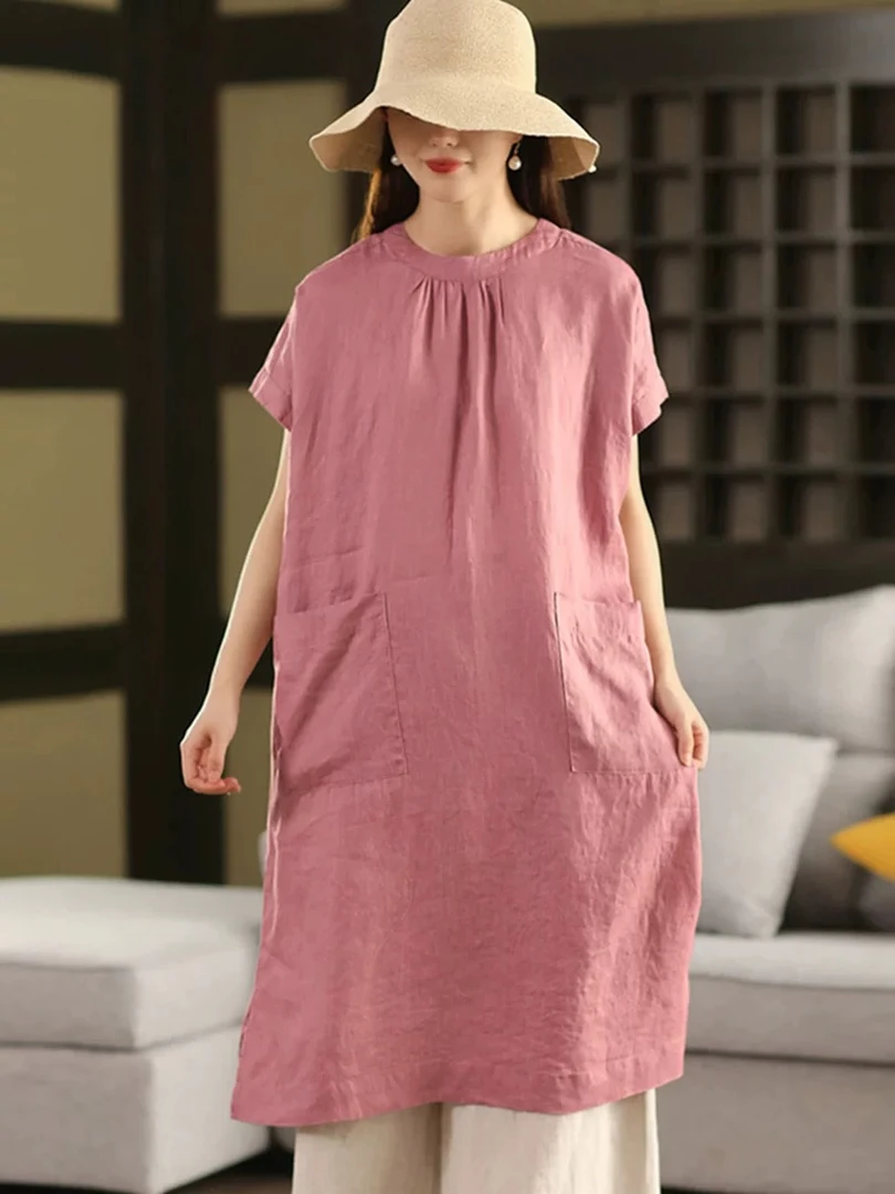 亚麻复古裙子纯色连衣裙265