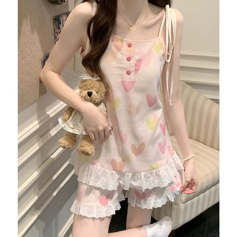 睡衣女夏季清新爱心印花吊带短裤带胸垫甜美风ins学生家居服套装