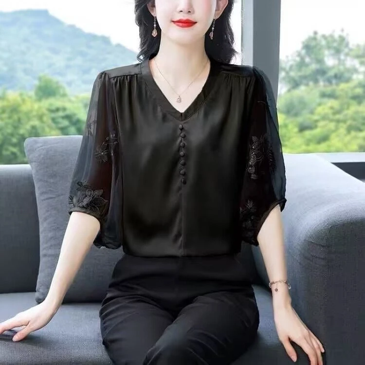 短袖缎面刺绣小衫夏季新款时尚妈妈装衬衫女洋气上衣时髦v领宽松