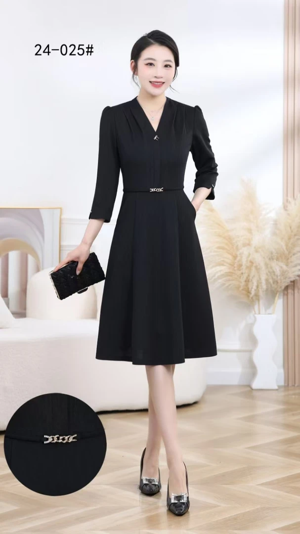 【SY204】轻奢提花气质通勤V领收腰百搭优雅连衣裙