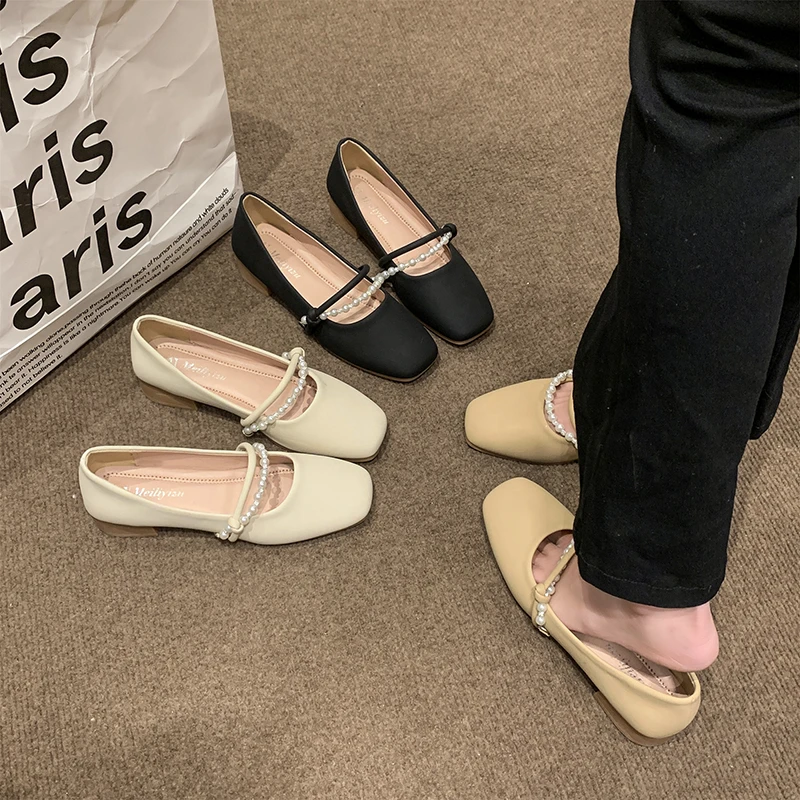 平底单鞋女2025新款春季鞋子奶奶鞋配裙子软底珍珠孕妇玛丽珍鞋夏