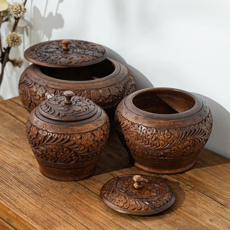 巴基斯坦手工雕刻实木茶叶罐收纳罐复古罐子中式桌面收纳