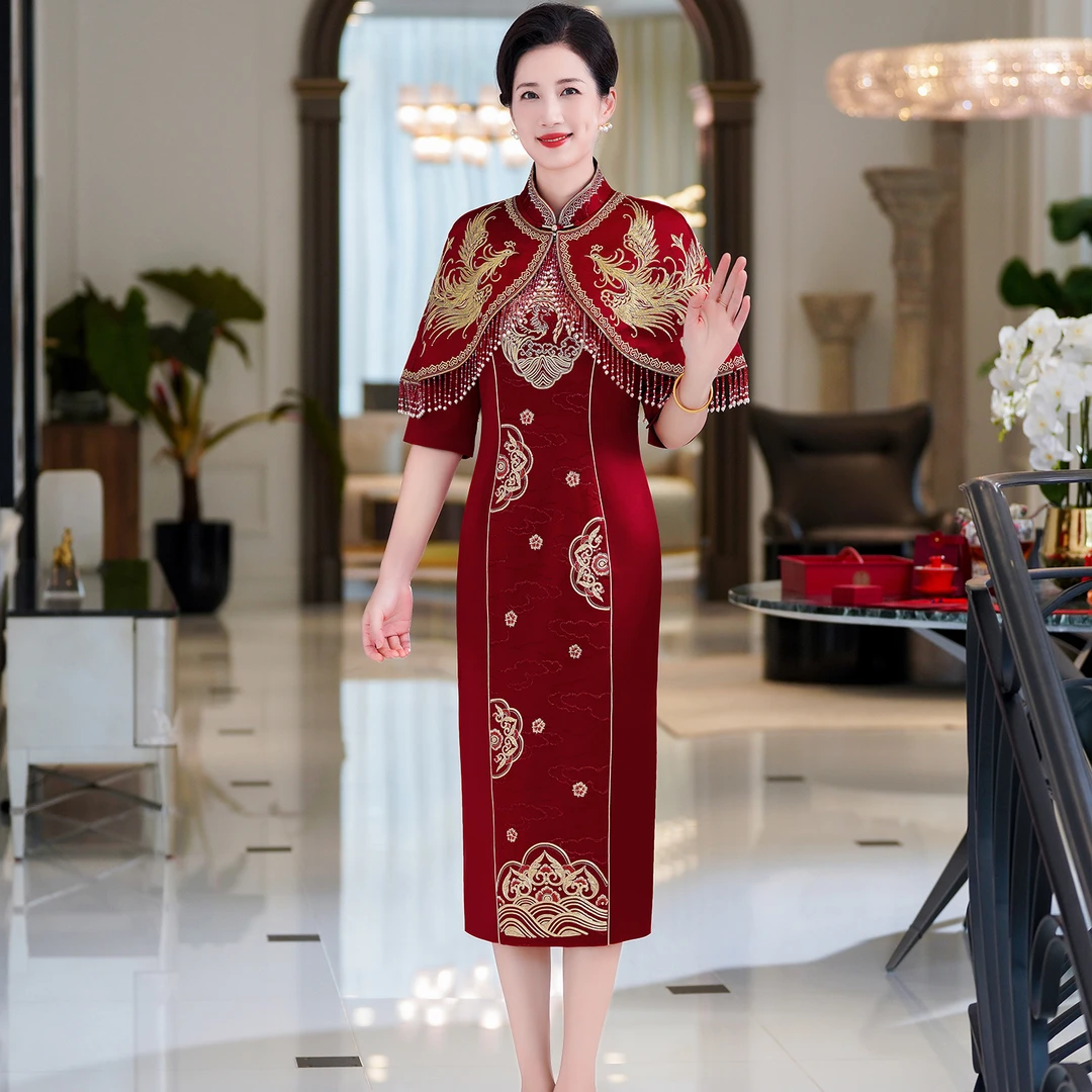 1月份高端轻奢喜妈妈礼服醋酸新中式改良旗袍裙喜婆婆秋季婚宴装