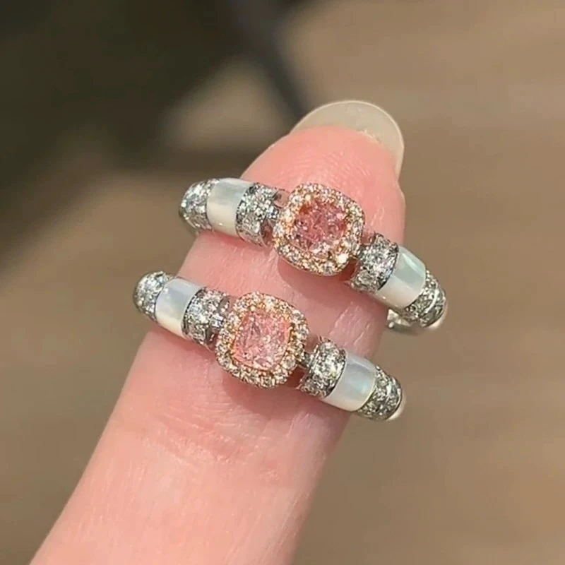 铜合金戒指 粉色方糖戒指轻奢精致指环开口可调节食指戒F1913