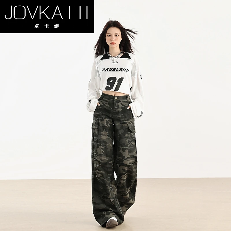 Jovkatti美式高腰梨形身材工装裤阔腿裤女秋季新款宽松时尚显瘦