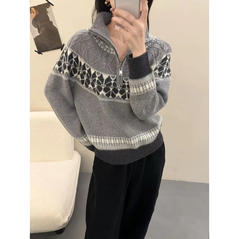 9461-3542 半拉链针织费尔岛提花宽松毛衣拼色毛针织衫