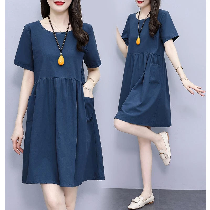 显瘦连衣裙女夏2025年新款大码女装宽松显瘦淑女纯色短袖遮肚裙子