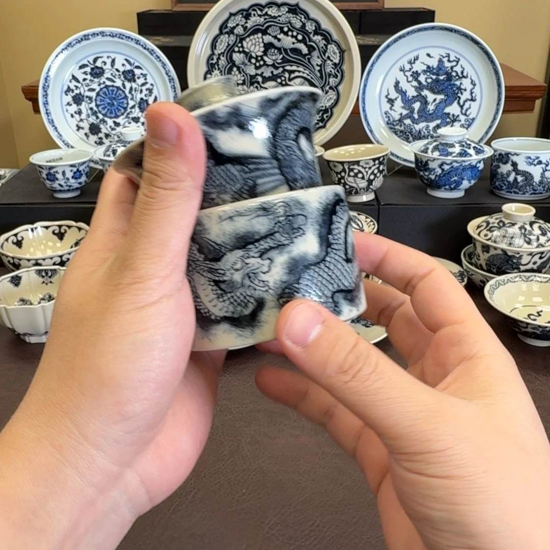 打***人陶杯子盖碗+杯满绘龙元经秘旨