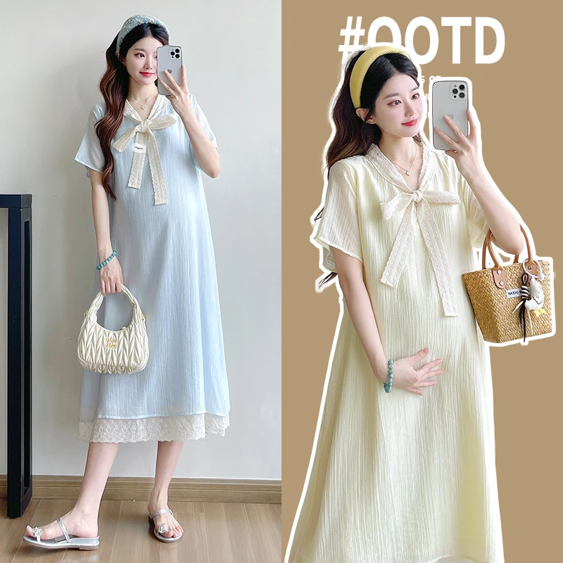 孕妇装2025夏季新款蕾丝设计感宽松显瘦休闲百搭中长款孕妇连衣裙