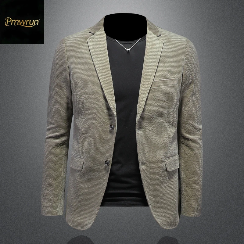 欧洲站灯芯绒西装男士秋冬季纯棉复古条绒休闲单件西服纯色外套