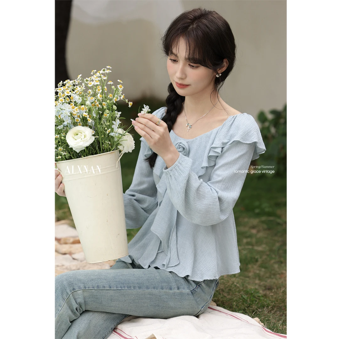 【品牌撤柜款ZB】法式蓝色衬衫女夏季荷叶边衬衣小个子长袖L53511