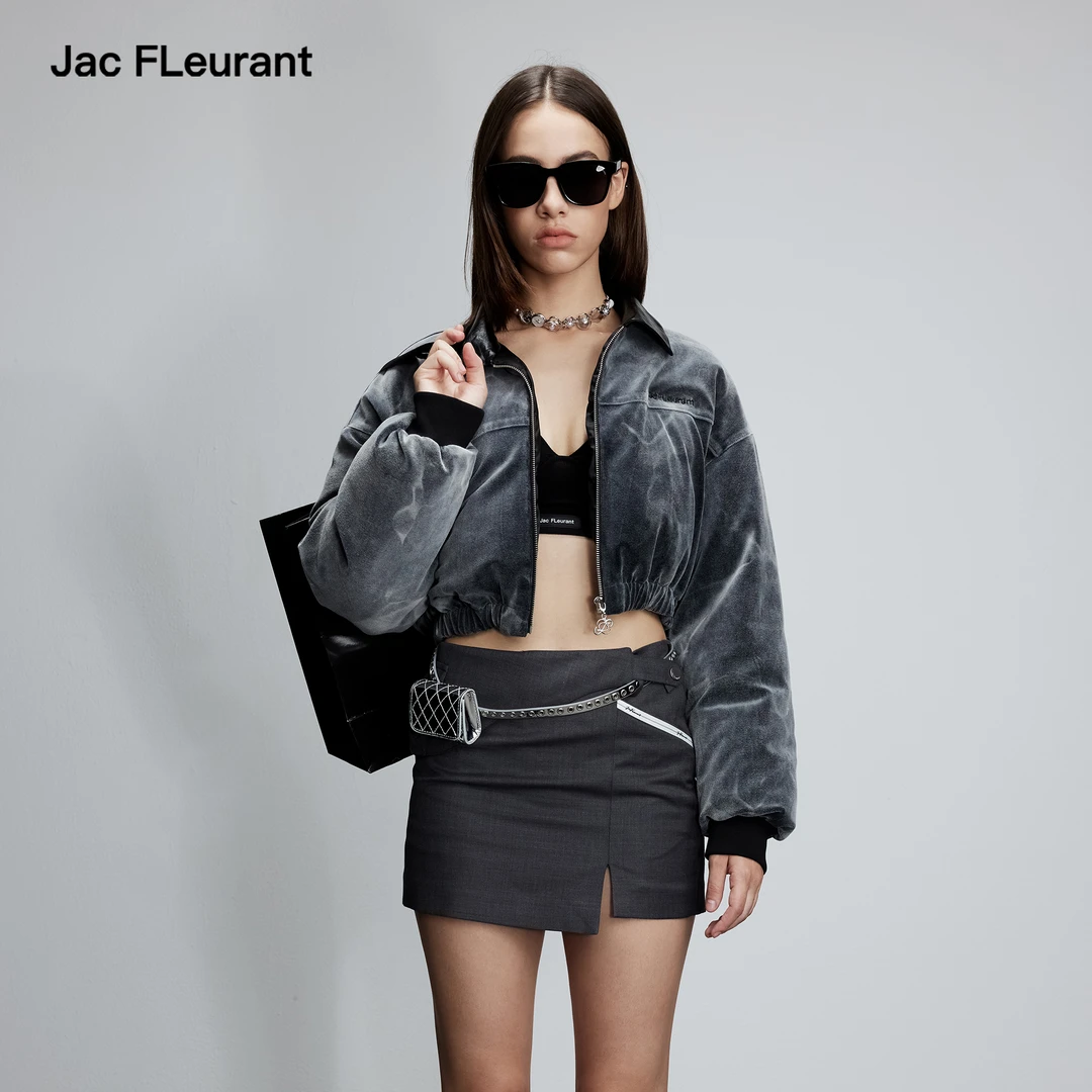 JAC FLEURANT皮领扎花水洗羽绒服保暖时尚短款夹克