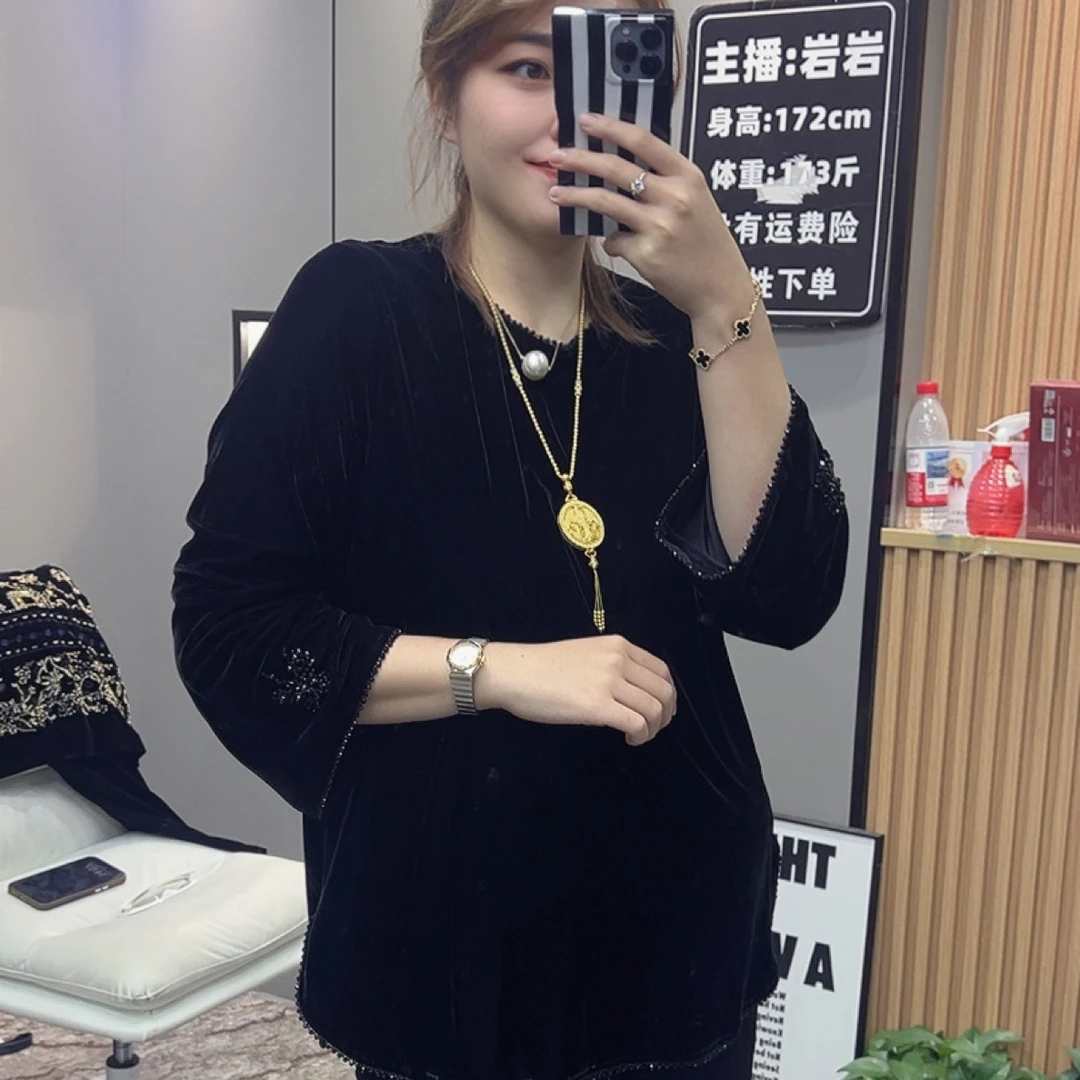 岩岩家重工串珠丝绒中长款显瘦女上衣2138
